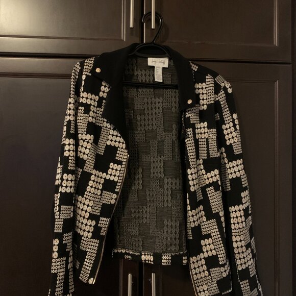 Joseph Ribkoff Printed Jacquard Jacket - Size 12 - Gold hardware moto jacket - Picture 7 of 12